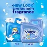 Promotional graphic comparing old and new blue Snuggle Blue Sparkle fabric softener packaging under 'New Look' headline