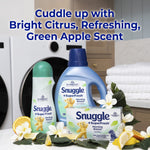 Staged laundry scene with Snuggle +SuperFresh Morning Breeze products, lemons and flowers and scent description overlay
