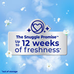 Blue-themed Snuggle badge graphic with floral accents and text reading “The Snuggle Promise Up to 12 weeks of freshness.”