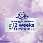 Purple promotional panel reading “The Snuggle Promise Up to 12 weeks of freshness” with lavender flowers on a soft purple background.
