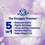 Silver panel on purple background reading The Snuggle Promise 5 in 1 with benefits like reduces static and softens fabrics