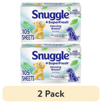 Two Snuggle +SuperFresh Morning Breeze dryer sheet boxes stacked with 105 sheets label and pet icon, 2 pack callout