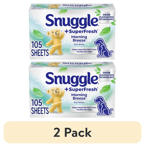 Two Snuggle +SuperFresh Morning Breeze dryer sheet boxes stacked with 105 sheets label and pet icon, 2 pack callout
