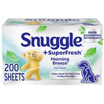 Box of Snuggle +SuperFresh Morning Breeze dryer sheets packaging with bear mascot and 200 sheets text