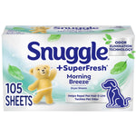 Single Snuggle +SuperFresh Morning Breeze dryer sheet box showing 105 sheets, Snuggle bear and pet odor icon on front