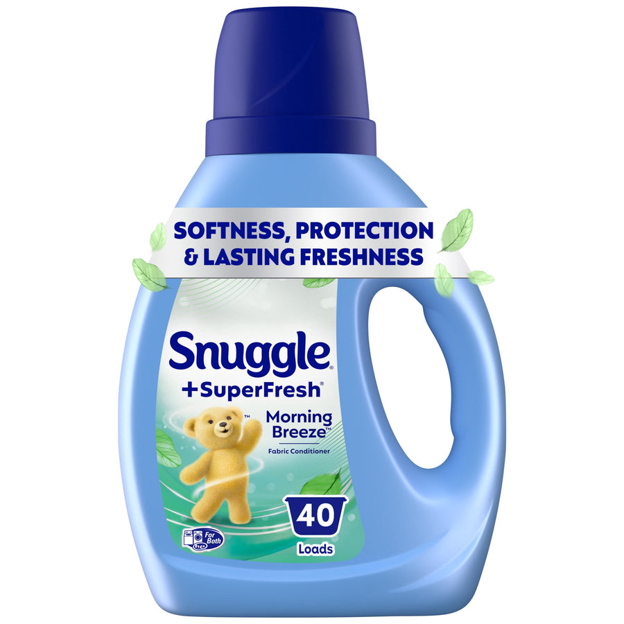 Blue Snuggle SuperFresh Morning Breeze liquid fabric softener bottle with brand bear and 40 loads badge
