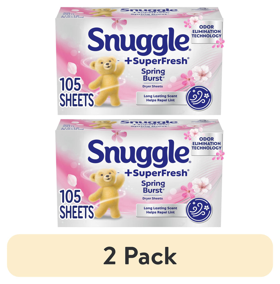 Two Snuggle SuperFresh Spring Burst dryer sheet boxes stacked with floral graphics and 105 sheets label