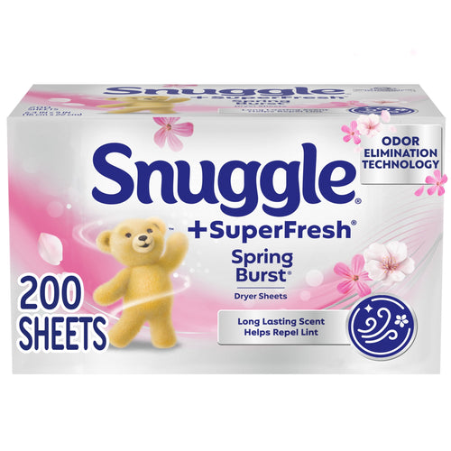 Box of Snuggle +SuperFresh Spring Burst dryer sheets with bear mascot and 200 sheets branding.