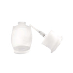 Disassembled translucent Soap Daddy dispenser body and separate pump cap against white background
