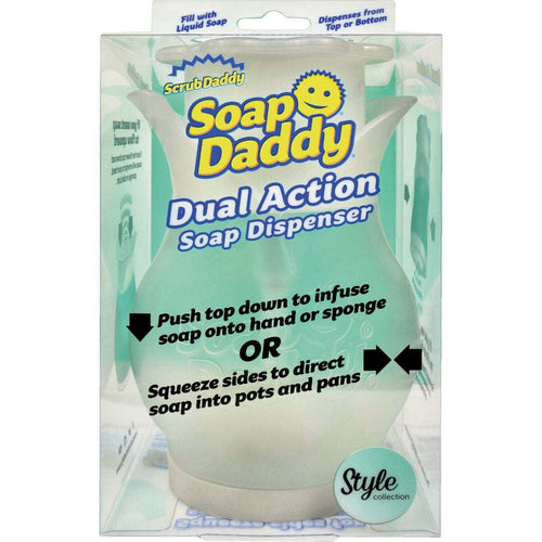 Clear Soap Daddy dual-action refillable soap dispenser in retail blister pack with product branding