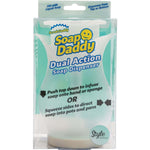 Front-facing Soap Daddy Dual Action soap dispenser in clear retail packaging with logo