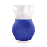 Filled blue liquid inside translucent Soap Daddy refillable dispenser showing embossed logo