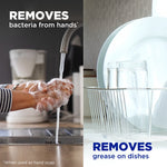 Split image showing soapy hands being rinsed and clean dishes in a rack with text about removing bacteria and grease