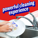 Soapy hands washing a white plate in a sink under a faucet with 'powerful cleaning experience' headline