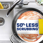 Top-down sink scene with a soapy frying pan being sponged and large text '50% less scrubbing' over the pan
