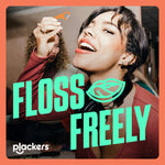 Young woman at a social scene holding an orange Plackers floss pick above her open mouth with bold 'FLOSS FREELY' text