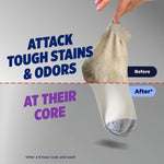Before-and-after style image of a dirty sock being held by fingers with text about attacking tough stains and odors