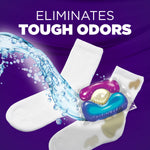 Illustration of socks being cleaned by water and a colorful detergent pod with headline text claiming it eliminates tough odors