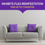 Stylized living room with gray sofa and purple pillows under a headline claiming 'Inhibits Flea Reinfestation for up to 7 months'.