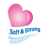 Pink heart icon with ribbon text reading “Soft & Strong” and stylized wave accents, product quality graphic