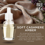 Single refill bottle over soft textured fabric with text reading “Soft Cashmere Amber” and scent description, BHG logo.