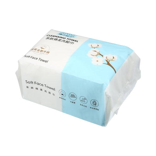 Packaged soft face towel in white and light blue wrapper with cotton blossom graphic and product icons