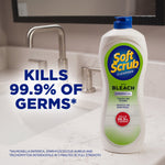 Soft Scrub cleanser bottle placed on a bathroom counter with bold text claiming it kills 99.9% of germs