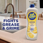 Soft Scrub lemon bottle placed on a kitchen countertop near a sink with bold text 'Fights Grease & Grime'