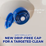 Macro shot of a blue flip-top drip-free cap on a Soft Scrub bottle with callout text about the new cap
