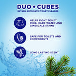 Informational graphic listing benefits of Duo-Cubes with icons and a pine branch on a blue water-splash background