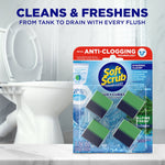 Soft Scrub Duo-Cubes blister pack placed in a bathroom scene with a toilet in the background and headline about cleaning from tank to drain