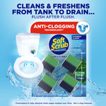 Soft Scrub Duo-Cubes packaging with toilet illustration and product cubes over a water splash backdrop, anti-clogging callout