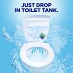 Illustration of a toilet with open tank and a Duo-Cube shown inside, splash background and text 'Just drop in toilet tank'