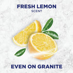 Graphic of sliced lemons and leaves on a marble background with text 'Fresh Lemon Scent' and 'Even on Granite'