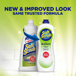 Packaging graphic showing old and new Soft Scrub bottles with text announcing a new and improved look