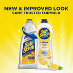 Promotional graphic showing old and new Soft Scrub bottles on a bright yellow background with headline 'New & Improved Look'