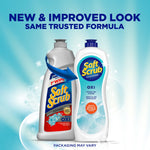 Graphic comparing old and new Soft Scrub packaging with text 'New & Improved Look Same Trusted Formula' on aqua background