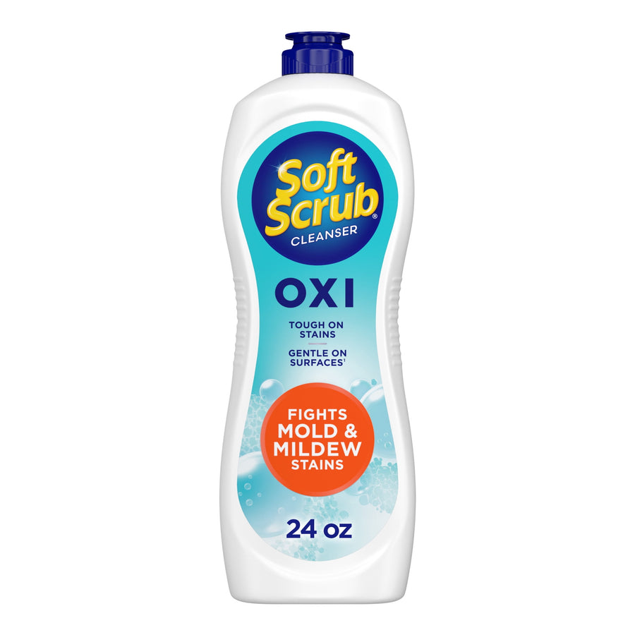 White Soft Scrub OXI cleanser bottle with blue cap and label reading 'Fights Mold & Mildew Stains' on white background