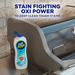 Soft Scrub OXI bottle shown on an outdoor grill surface with headline text 'Stain Fighting OXI Power' above