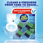 Product-style graphic of Soft Scrub Duo-Cubes package with a toilet and large 'Cleans & Freshens' headline.