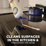 Soft Scrub bottle being squeezed onto a glass cooktop near a saucepan, with overlaid text about cleaning surfaces