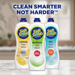 Three Soft Scrub cleanser bottles (lemon, bleach, oxi) arranged on a counter under the slogan Clean Smarter Not Harder