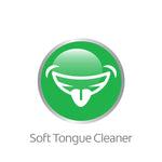 Green circular icon illustrating a stylized tongue cleaner graphic with caption ‘Soft Tongue Cleaner’