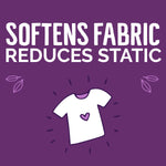 Purple graphic panel with bold text reading “Softens Fabric Reduces Static” and a simple illustrated t‑shirt icon.