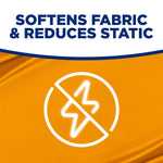 Bold text on an orange background stating softens fabric & reduces static with a white icon indicating no static.