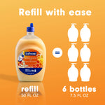 Softsoap refill bottle next to six white bottle icons and text showing refill equals six bottles on orange background