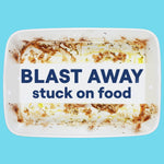 Soiled rectangular baking dish over blue background with bold text ‘BLAST AWAY stuck on food’
