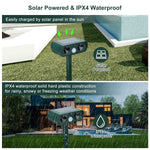 Two-panel graphic showing device solar charging scene and rainy IPX4 waterproof illustration