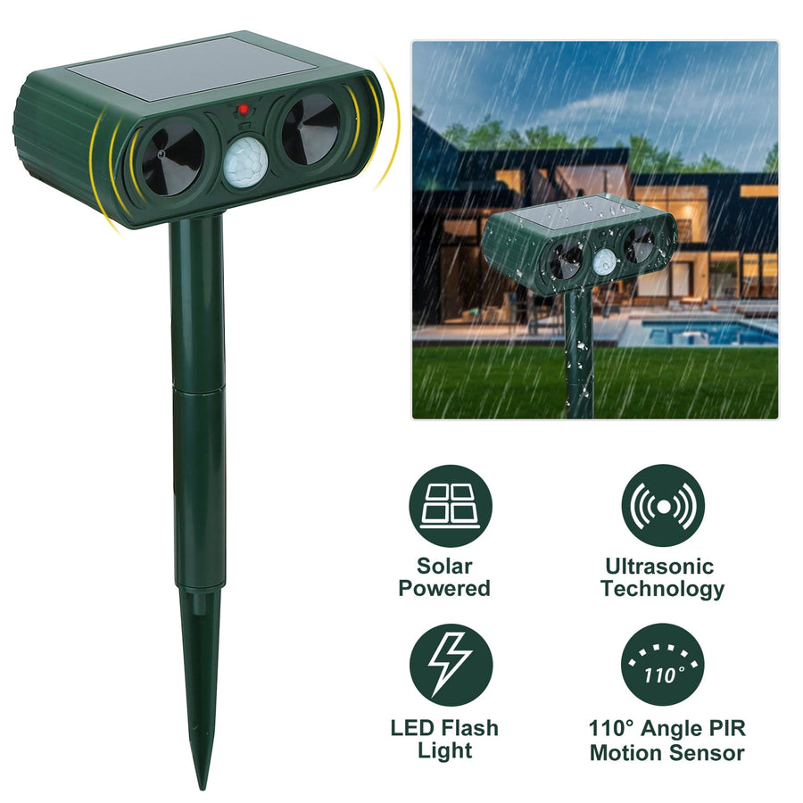 Green solar-powered ultrasonic animal repeller on a stake with motion sensor and speakers