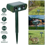 Solar ultrasonic animal repeller displayed with icons and inset scenes of bird and rabbit deterrence